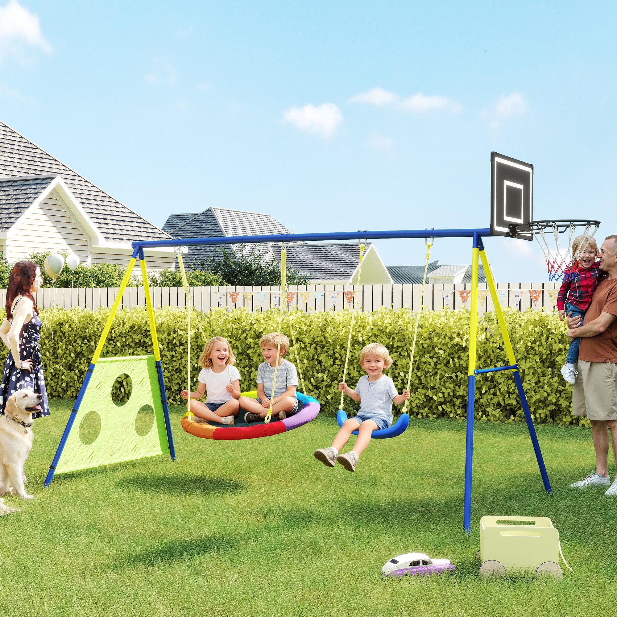 AIYAPLAY 4-in-1 Kids Swing Set with Saucer Swing, Basketball Hoop and Football Goal, Outdoor Playground Playset for Garden 
