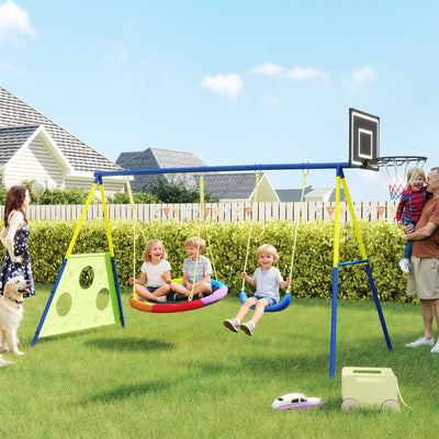 AIYAPLAY 4-in-1 Kids Swing Set with Saucer Swing, Basketball Hoop and Football Goal, Outdoor Playground Playset for Garden 