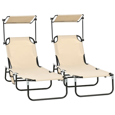 Outsunny 2 Piece Folding Sun Loungers with Canopy, Adjustable Recliner Garden Chairs with Side Pocket, Steel Frame and Breathable Mesh for Outdoor, Pool, Beach, Garden, Tan Brown 