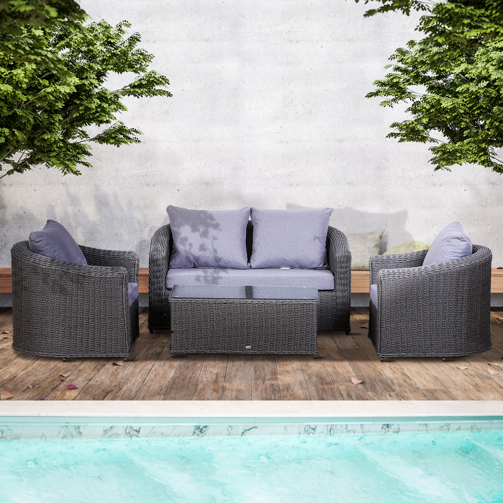 Outsunny Deluxe Round PE Rattan Garden Furniture Set, Fully-assembly Outdoor Sofa Set with Armchair, Loveseat, Glass Top Coffee Table, Aluminium Frame, Cushion, Grey 