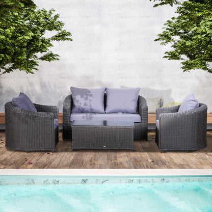 Outsunny Deluxe Round PE Rattan Garden Furniture Set, Fully-assembly Outdoor Sofa Set with Armchair, Loveseat, Glass Top Coffee Table, Aluminium Frame, Cushion, Grey 