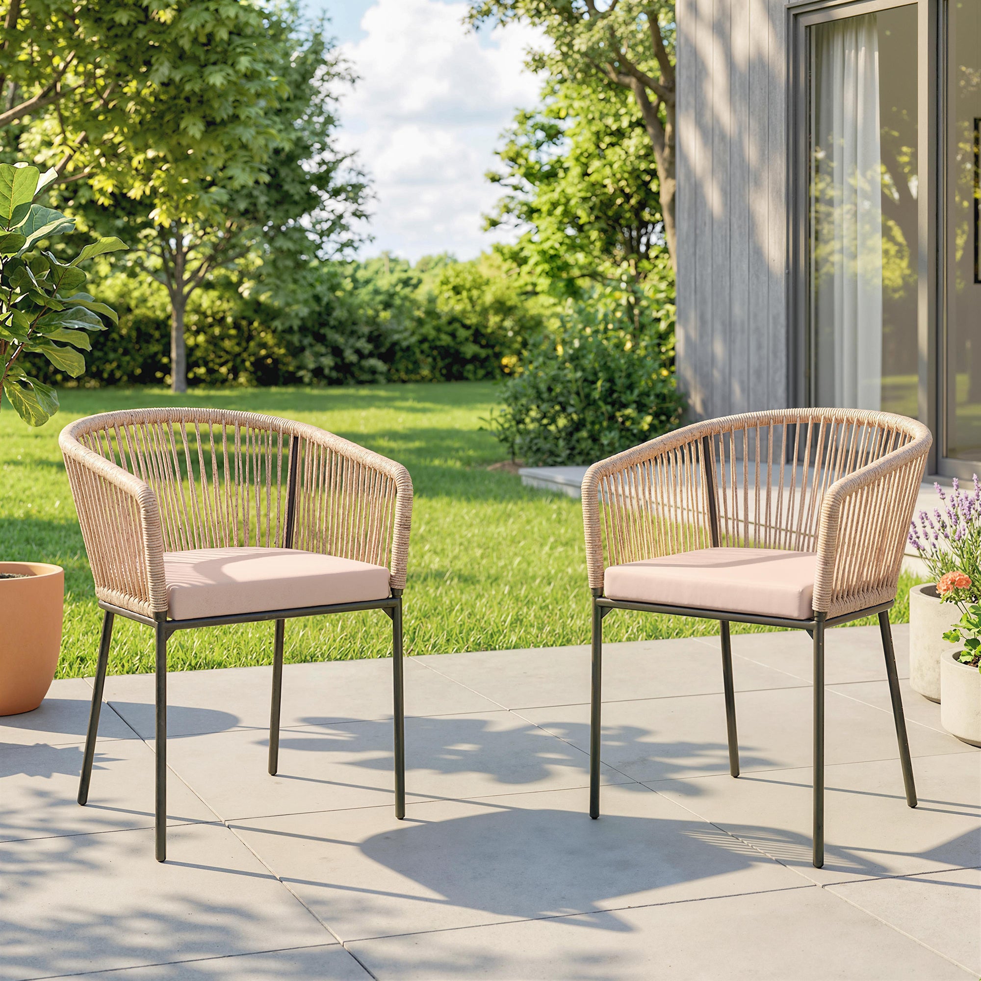Outsunny Garden Chairs Set of 2, Rattan Garden Dining Chairs with String Back Armrests, Cushions, Natural Wood Finish 