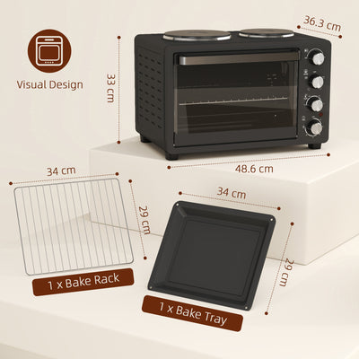 HOMCOM 28L Mini Oven with 2 Hot Plates, Countertop Toaster Oven, Grill, Roast, Bake, Boil, with Timer, Adjustable Temperature, Electric Oven with Baking Tray, Grill Rack, Crumb Tray, 2600W, Black 