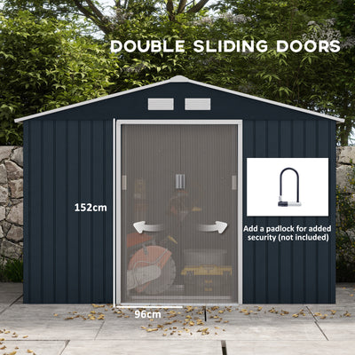 Outsunny 9 x 6ft Metal Garden Shed, Outdoor Storage Tool House with Ventilation Slots, Foundation Kit and Lockable Double Doors, Dark Grey 