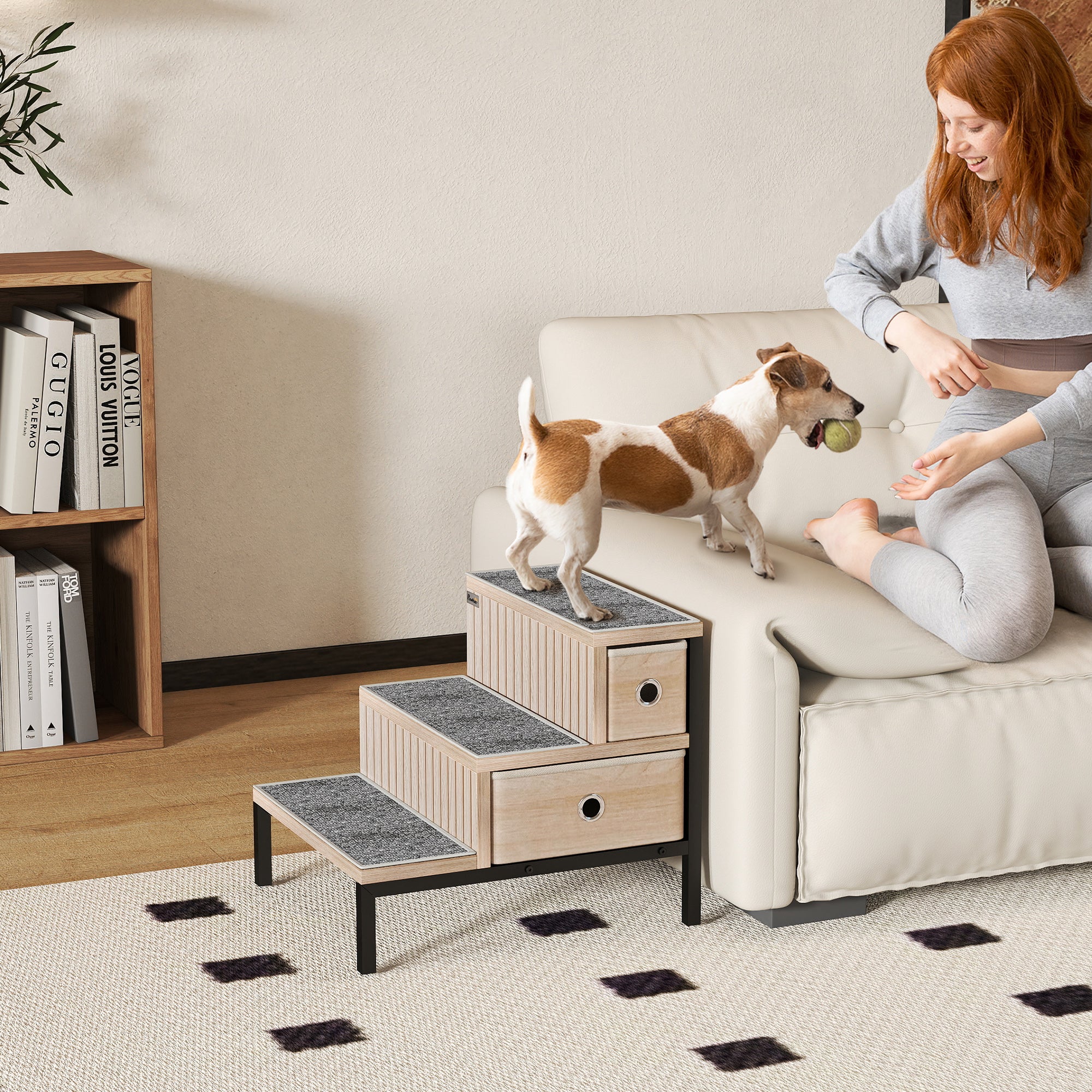 PawHut Dog Stairs with Storage, Non-Slip Cover, Pet Steps for Small Dogs & Older Cats, for Sofa, High Bed, Oak Tone 