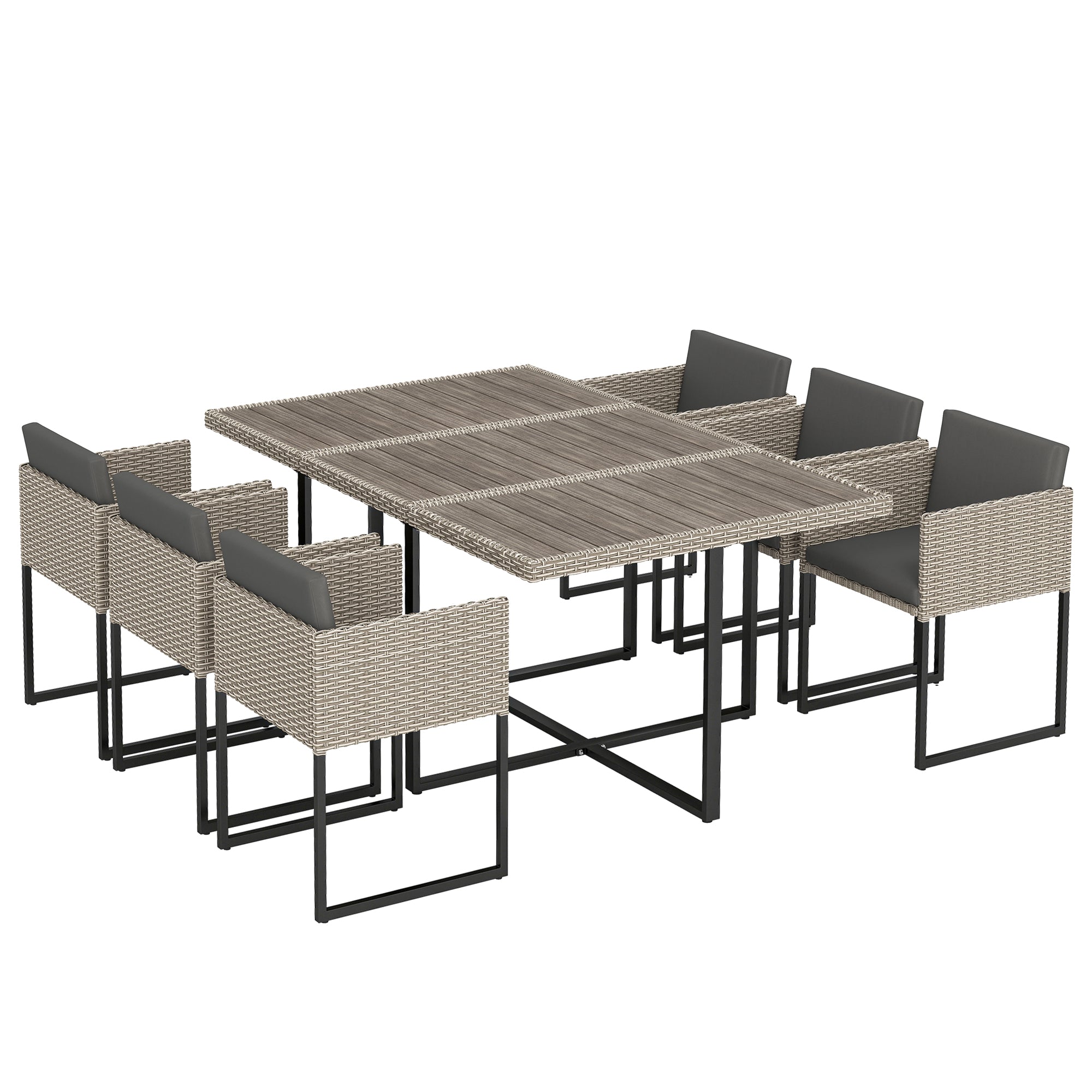 Outsunny 7 Piece Rattan Garden Furniture Set, Garden Dining Set with Wood-Plastic Table and 6 Stackable Chairs, Light Grey 