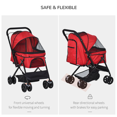 PawHut Pet Stroller Pushchair Foldable Travel Dog Cat Carriage w/ Reversible Handle Brake Basket 