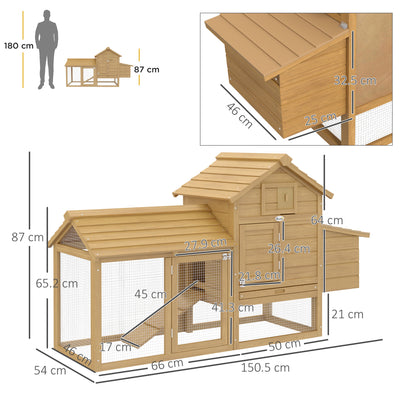 PawHut Small Chicken Coop with Run Hen House Poultry Coops Cages Nesting Box Wood 150.5 x 54 x 87cm 