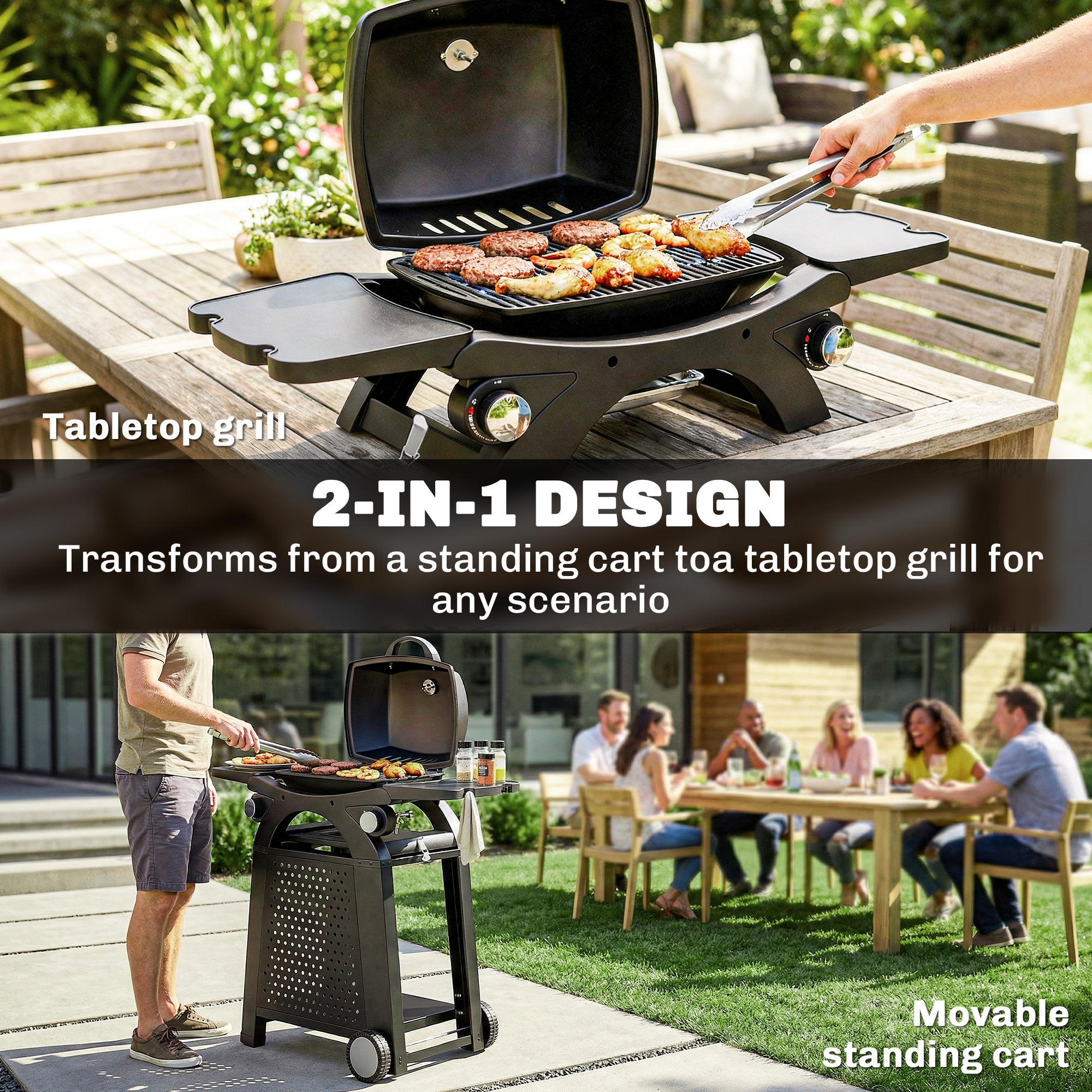 Outsunny 2 Burner Gas Grill with 2 Side Tables, 3.8 KW Barbecue Grill with Cast Iron Grates, 2-in-1 Tabletop BBQ with Wheels 