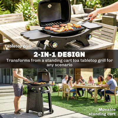 Outsunny 2 Burner Gas Grill with 2 Side Tables, 3.8 KW Barbecue Grill with Cast Iron Grates, 2-in-1 Tabletop BBQ with Wheels 