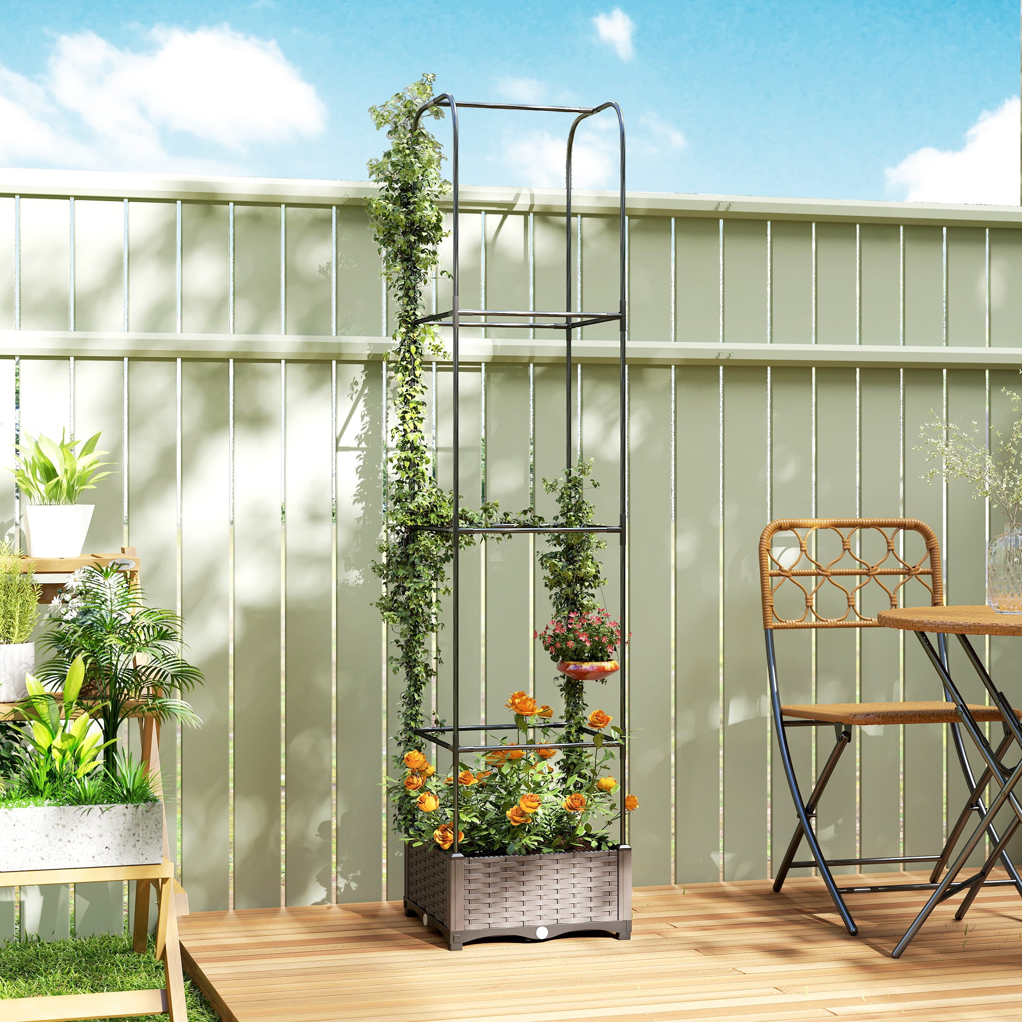 Outsunny Raised Garden Bed with Trellis, Plastic Planter Box with Drainage Holes, Drain Plugs and Water Reservoirs 