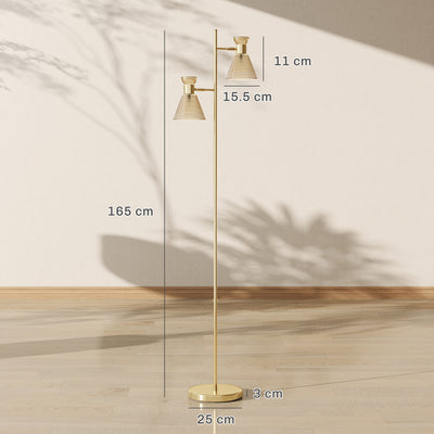 HOMCOM Floor Lamp with Adjustable Dual Head, Modern Standing Lamp with Floral Glass Shades and Foot Switch for Living Room Bedroom, E27 Socket, Bulb Not Included, Gold Tone 