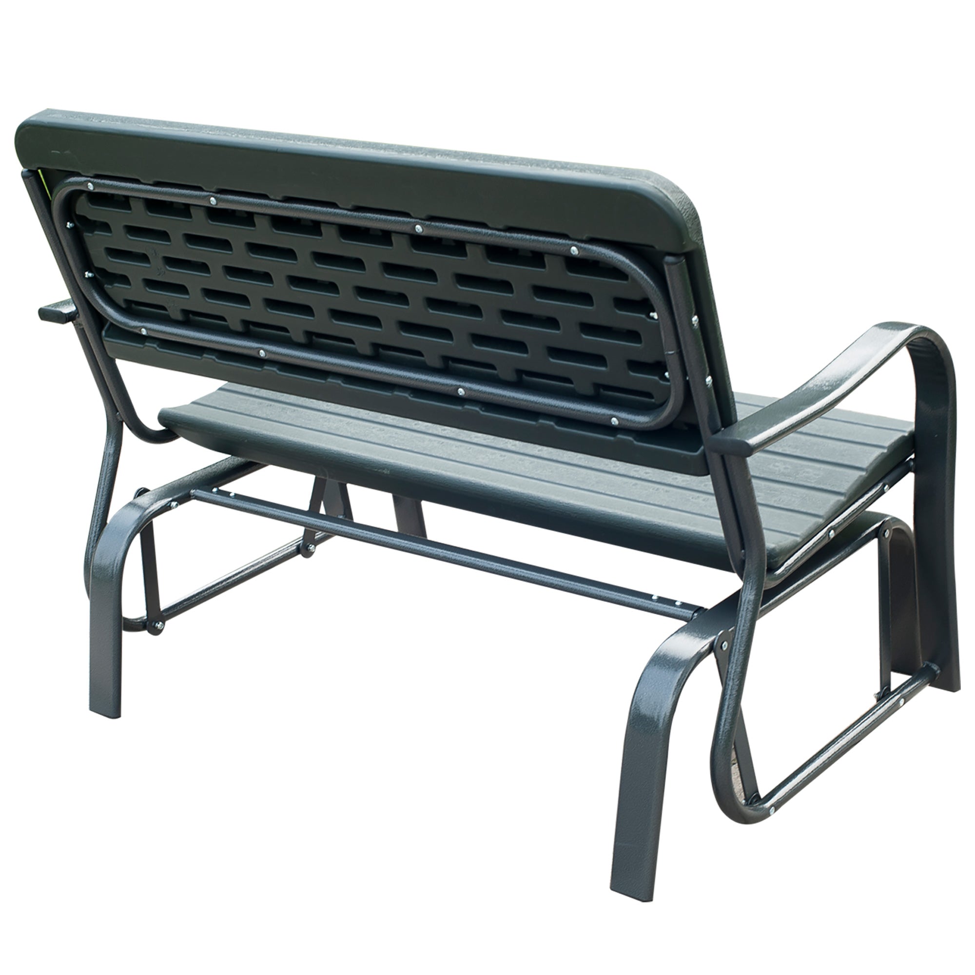 Outsunny 2 Seats Garden Glider Bench, Metal Frame and HDPE Swing Loveseat, Porch Rocking Glider for 2 Person with High Back and Armrest, Dark Green 