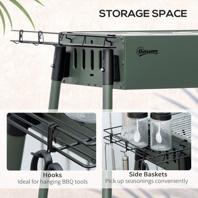 Outsunny Portable Charcoal Barbecue BBQ Grill with Seasoning Baskets and Hooks, Compact Stainless Steel Cooker for Camping Picnic Hiking Garden Party Festival 