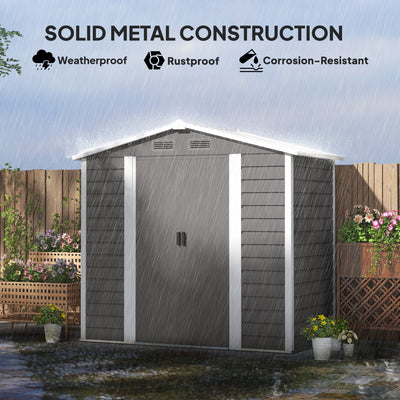 Outsunny 7 x 4ft Garden Shed, Easy to Assemble, Upgraded Galvanised Steel Frame with Foundation Kit, Double Doors with Lock, Outdoor Metal Shed with Vents and Gloves, Garden Storage Shed, Light Grey 