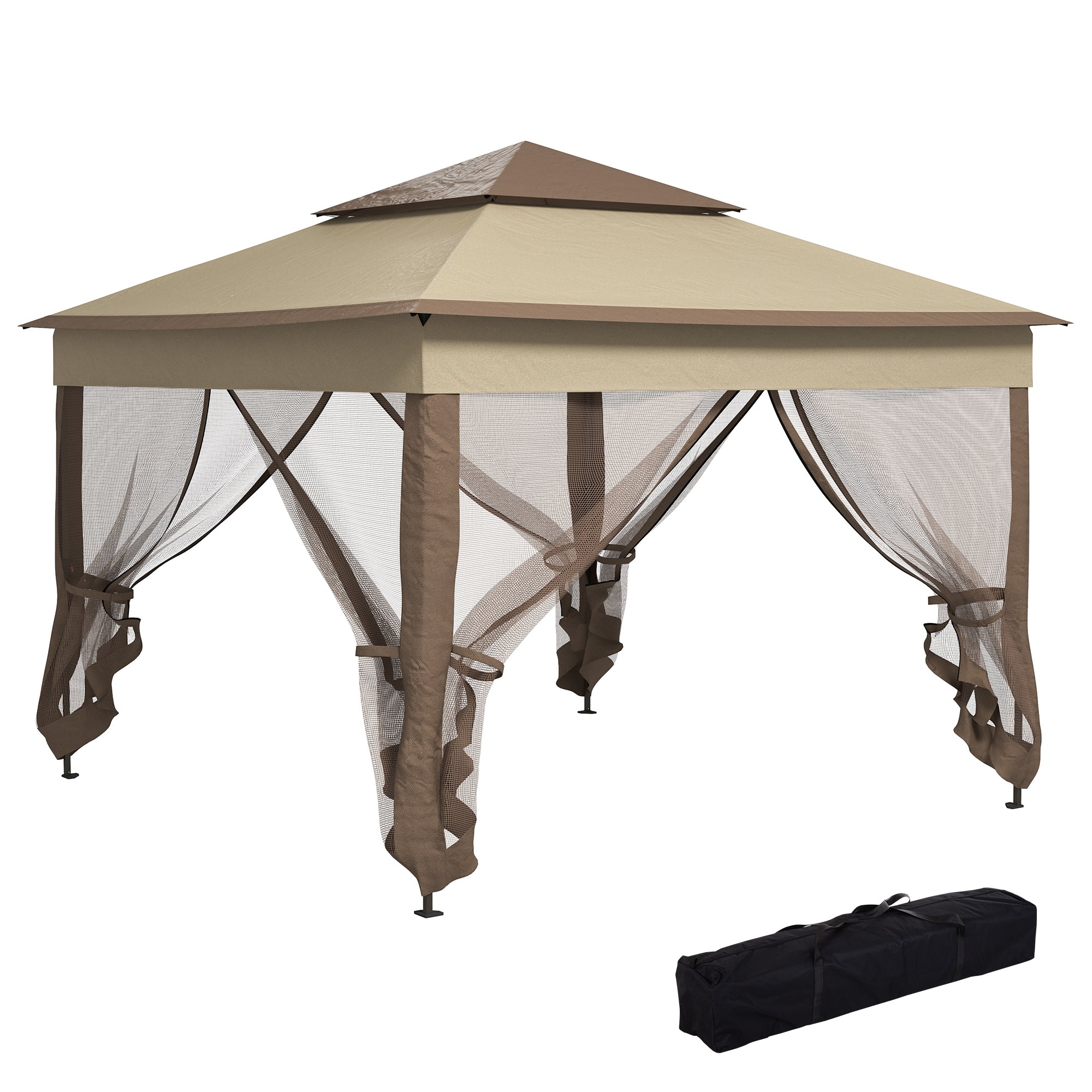 Outsunny 3 x 3(m) Pop Up Gazebo, Marquee Party Tent with Double Tier Roof, Netting and Carry Bag, Event Shelter for Outdoor Patio, Khaki 