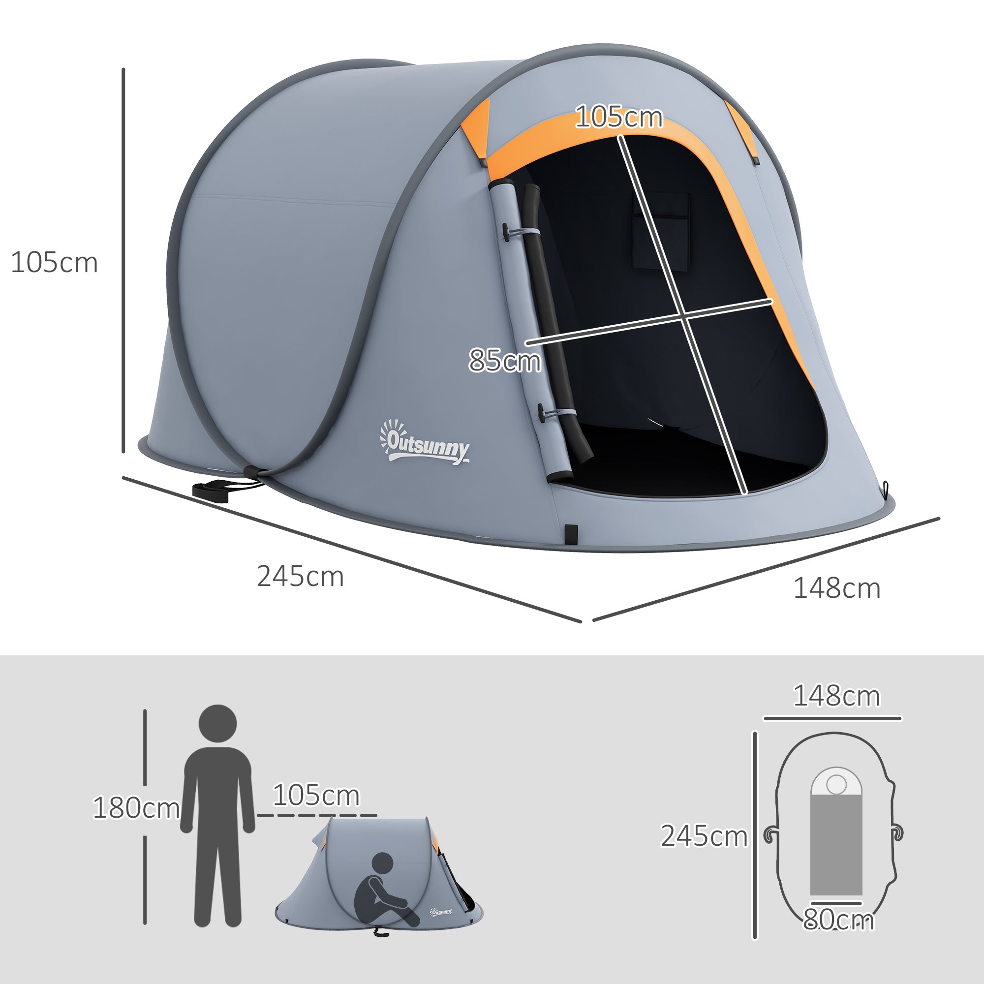 Outsunny Two-Man Pop-Up Dome Tent, with Accessories - Grey 