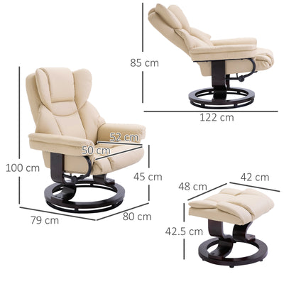 HOMCOM Faux Leather Recliner Chair and Footstool, Swivel Upholstered Armchair and Footstool with Adjustable Backrest, Solid Wood Base for Living Room, Cream 