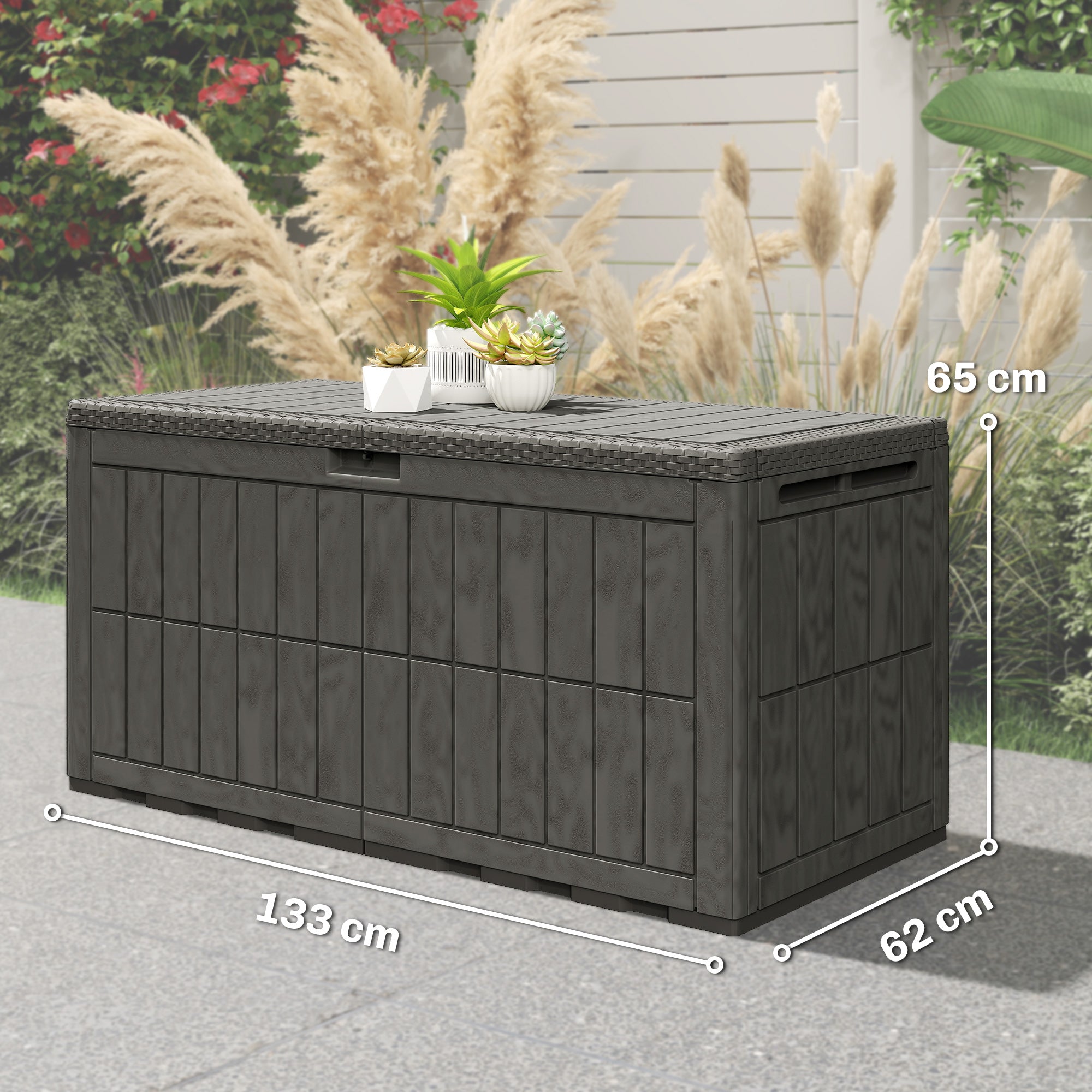 Outsunny 440L Garden Storage Box, Waterproof & UV Resistant Resin Deck Box with Lockable Lid, Pneumatic Gas Rods, Side Handles 