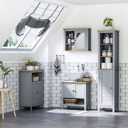 kleankin Bathroom Floor Storage Cabinet with 3 Tier Shelf and Cupboard with Door, Free Standing Linen Tower, Tall Slim Side Organizer Shelves, Grey 