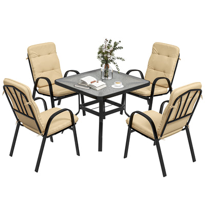 Outsunny 5 Pieces Outdoor Square Garden Dining Set w/ Tempered Glass Dining Table 4 Cushioned Armchairs, Umbrella Hole, Beige 