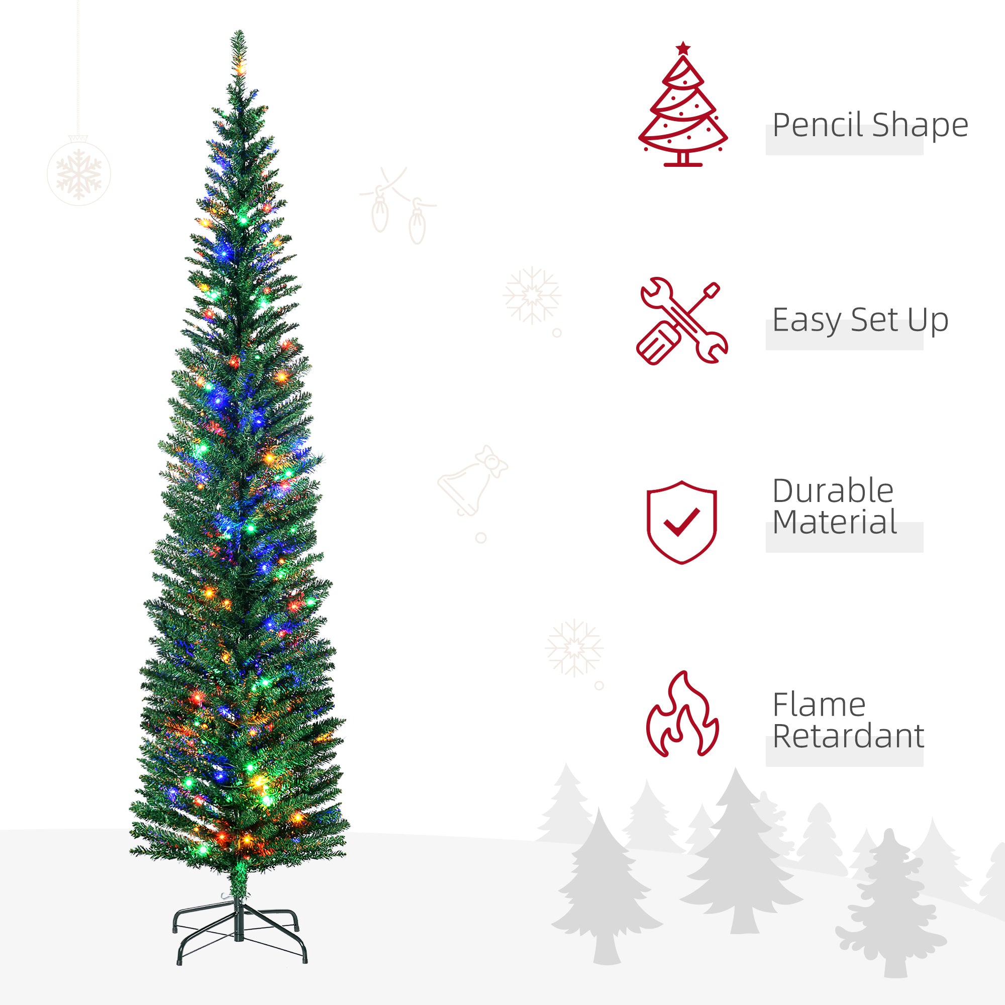 HOMCOM 7.5' Artificial Prelit Christmas Trees Holiday D\'c3\'a9cor with Colourful LED Lights, Pencil Shape, Steel Base