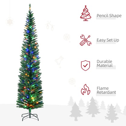 HOMCOM 7.5' Artificial Prelit Christmas Trees Holiday D\'c3\'a9cor with Colourful LED Lights, Pencil Shape, Steel Base