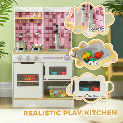 AIYAPLAY Kids Play Kitchen, Pretend Play Kitchen with Realistic Oven, Stove, Sink, Kitchen Accessories, White 