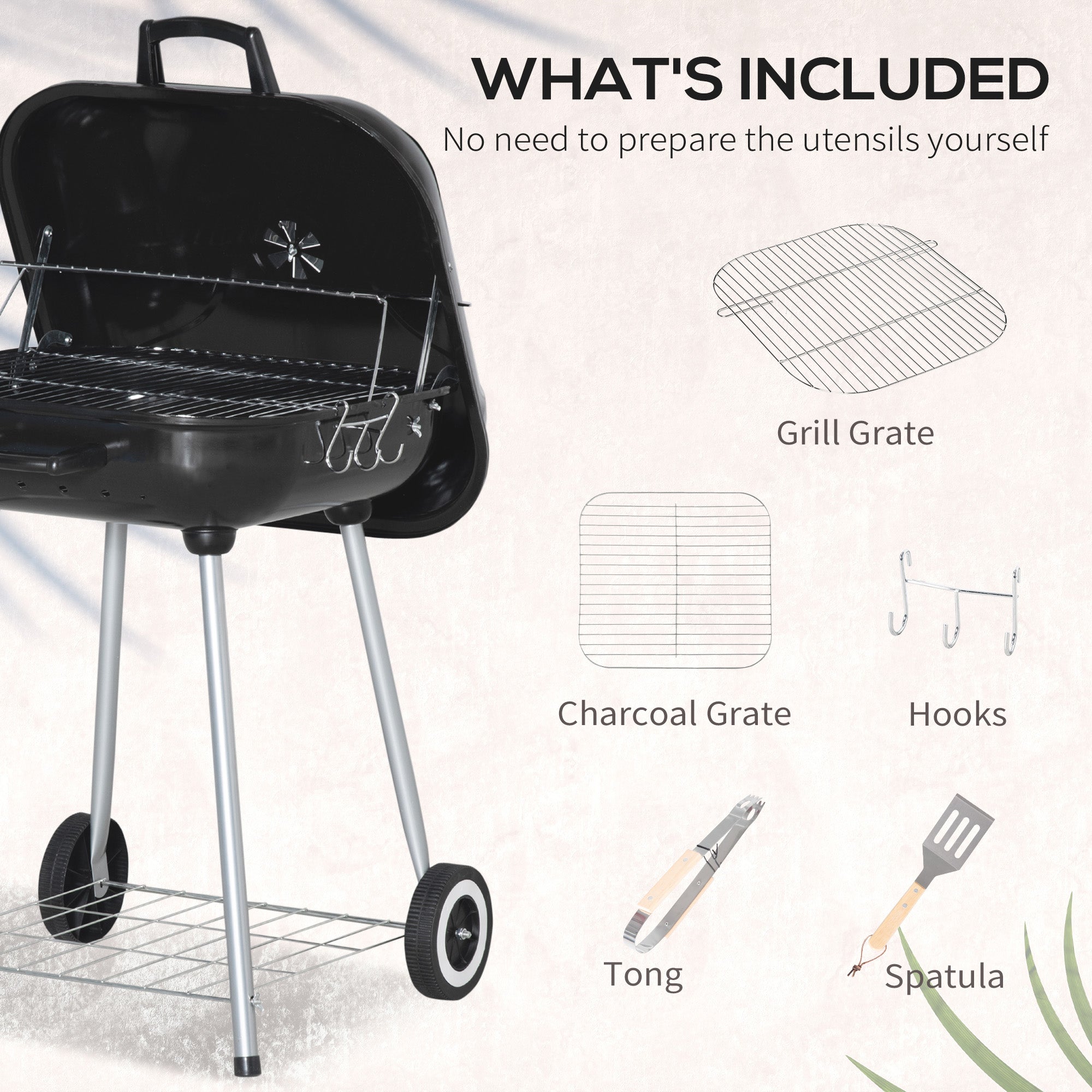 Outsunny Portable BBQ Charcoal Grill with 2 Wheels and Cooking Utensils, Smoker Grill with Lid for Outdoor Barbecues, Camping, Picnic, Courtyard 