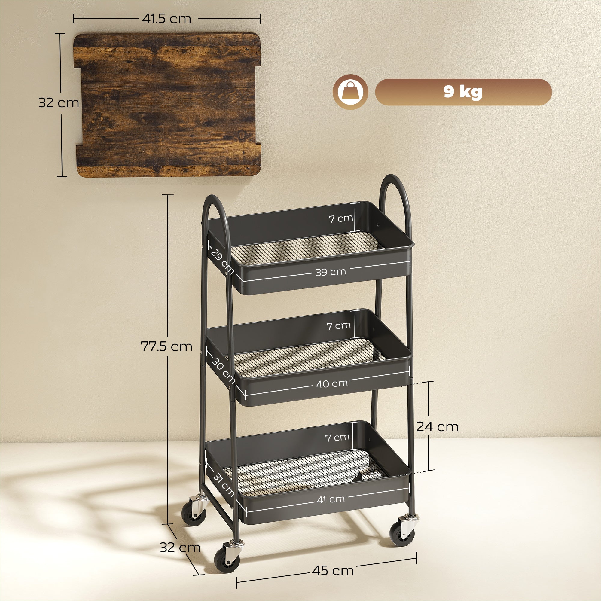 HOMCOM 3-Tier Kitchen Storage Trolley with on Wheels Cover Top Board - Rustic Brown and Black