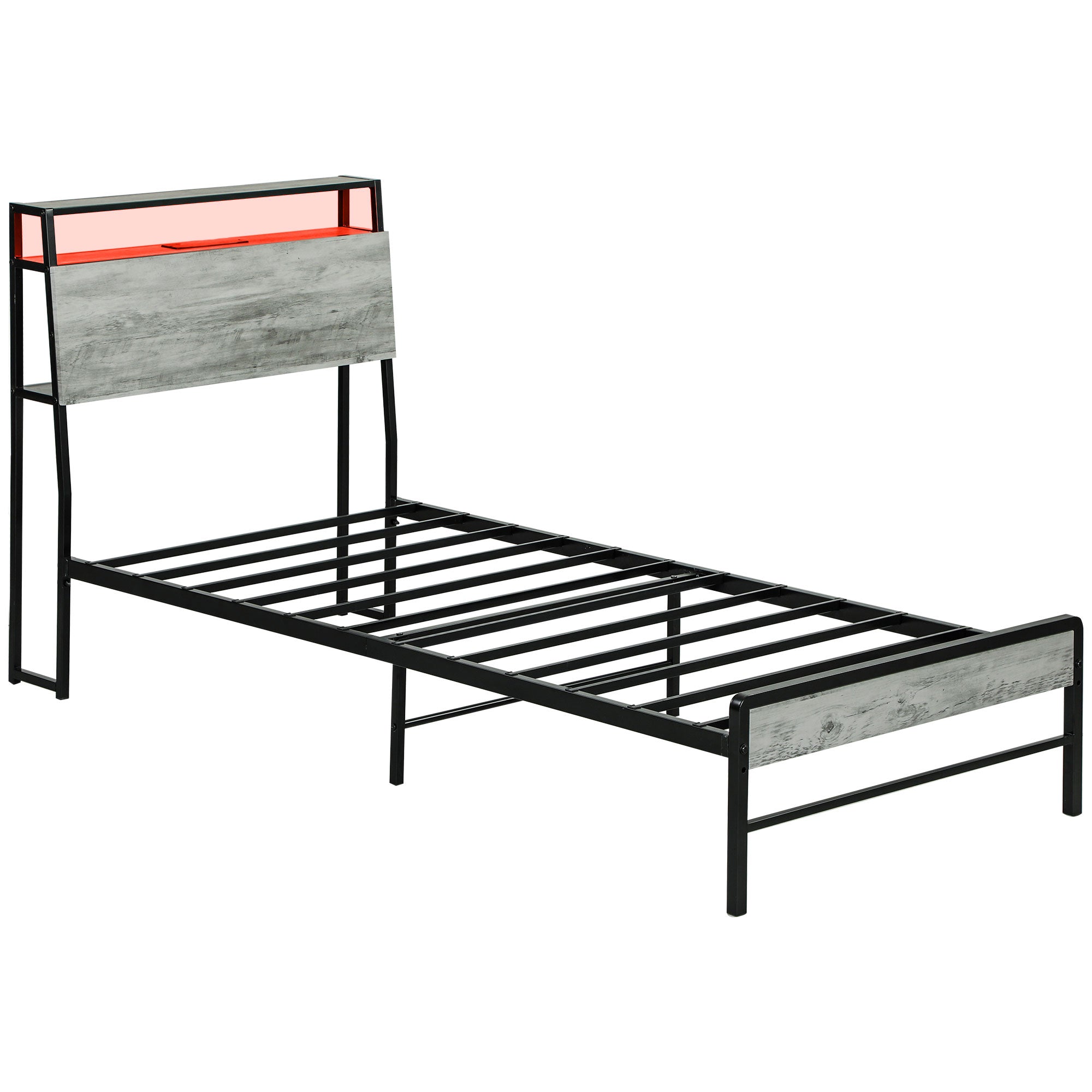 HOMCOM Single Steel Bed Frame, with LED Lights and Headboard Shelf - Grey 