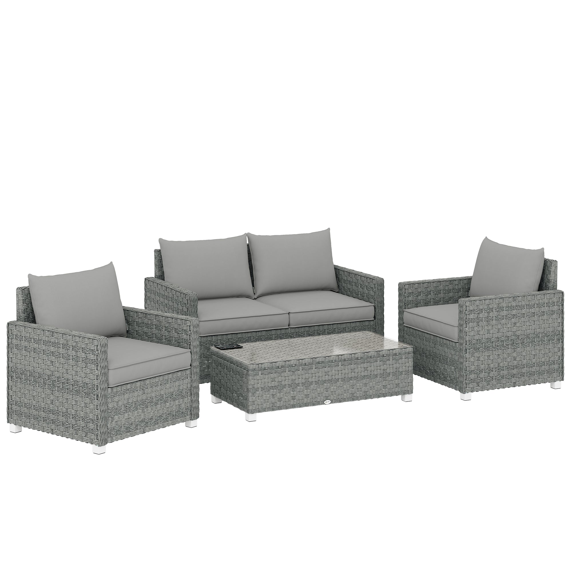 Outsunny 4 Piece Rattan Garden Furniture Set with Loveseat, 2 Armchairs, Glass-Top Table, Wicker Patio Conversation Set, Grey 