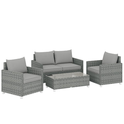 Outsunny 4 Piece Rattan Garden Furniture Set with Loveseat, 2 Armchairs, Glass-Top Table, Wicker Patio Conversation Set, Grey 
