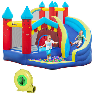 Outsunny Kids Bouncy Castle, with Slide, Pool, Trampoline, Climbing Wall, Blower 
