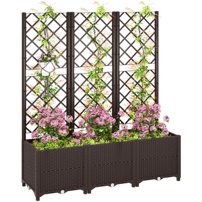 Outsunny Raised Garden Bed with Trellis, Plastic Planter Box with Drainage Holes and Drain Plugs for Climbing Plants, Vegetables, Flowers, Brown 