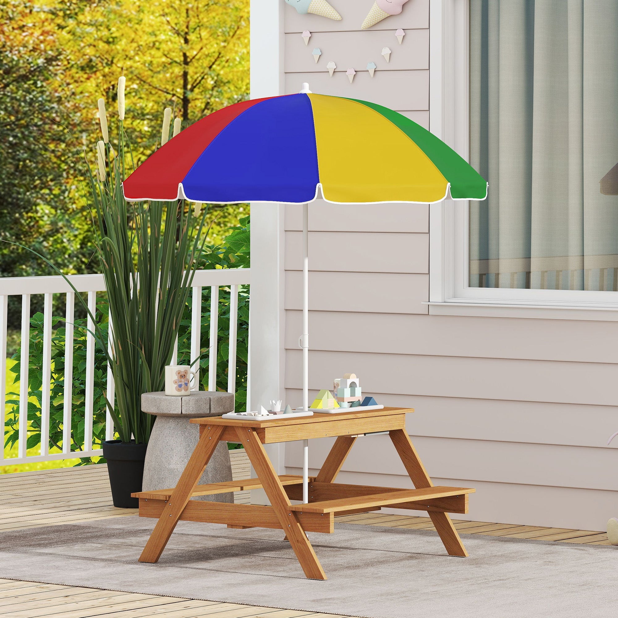 AIYAPLAY Kids Picnic Table, Sand and Water Table with Wooden Benches, Adjustable Parasol and Storage Bins, Multicolour 