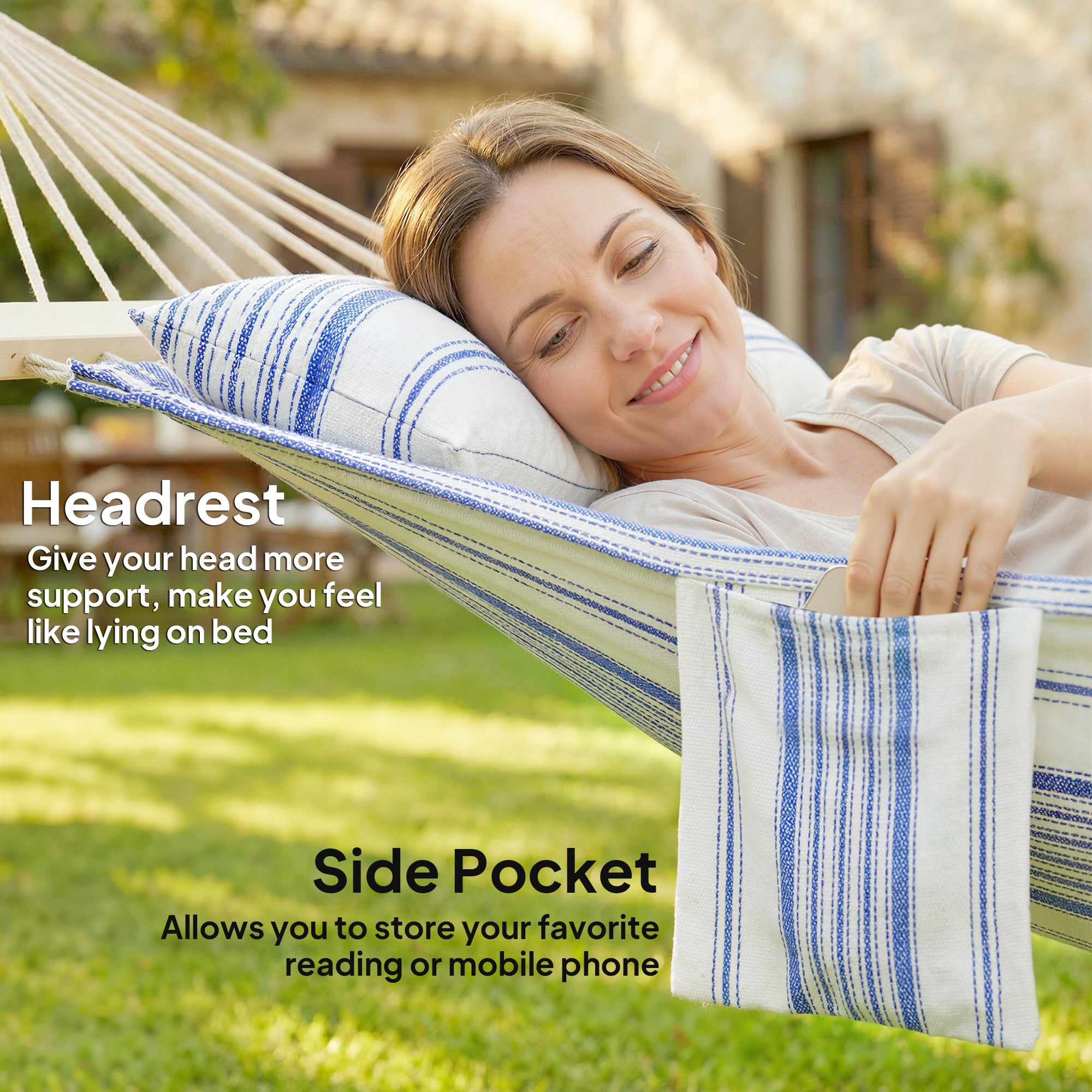 Outsunny Cotton Hammock, Soft Portable Swing Sleeping w/ Headrest & Side Pocket, Blue and White 