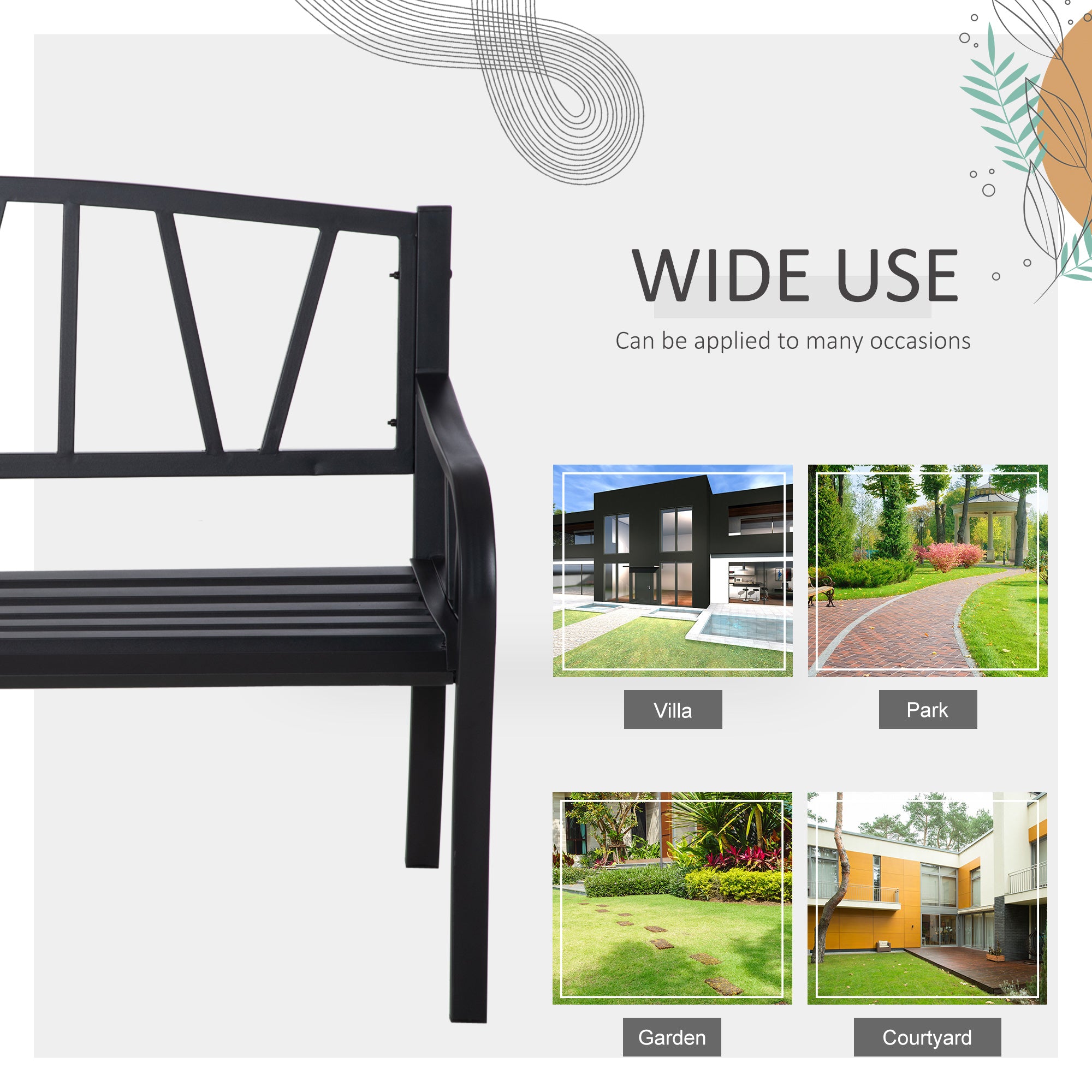 Outsunny 2-Seater Garden Bench Metal Loveseat w/ Decorative Backrest Ergonomic Armrest 