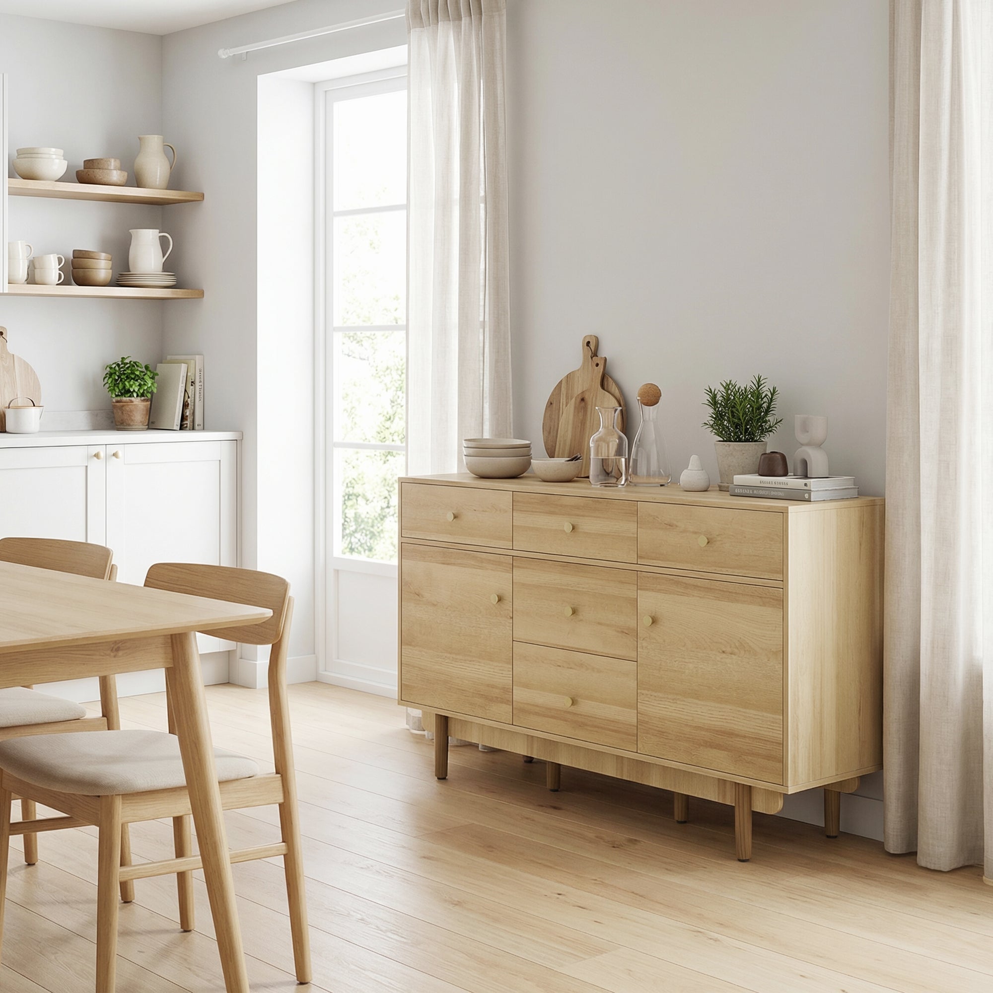 HOMCOM Sideboard with 5 Drawers and 2 Cabinets Buffet Cabinet with Solid Wood Legs 136 cm Walnut 