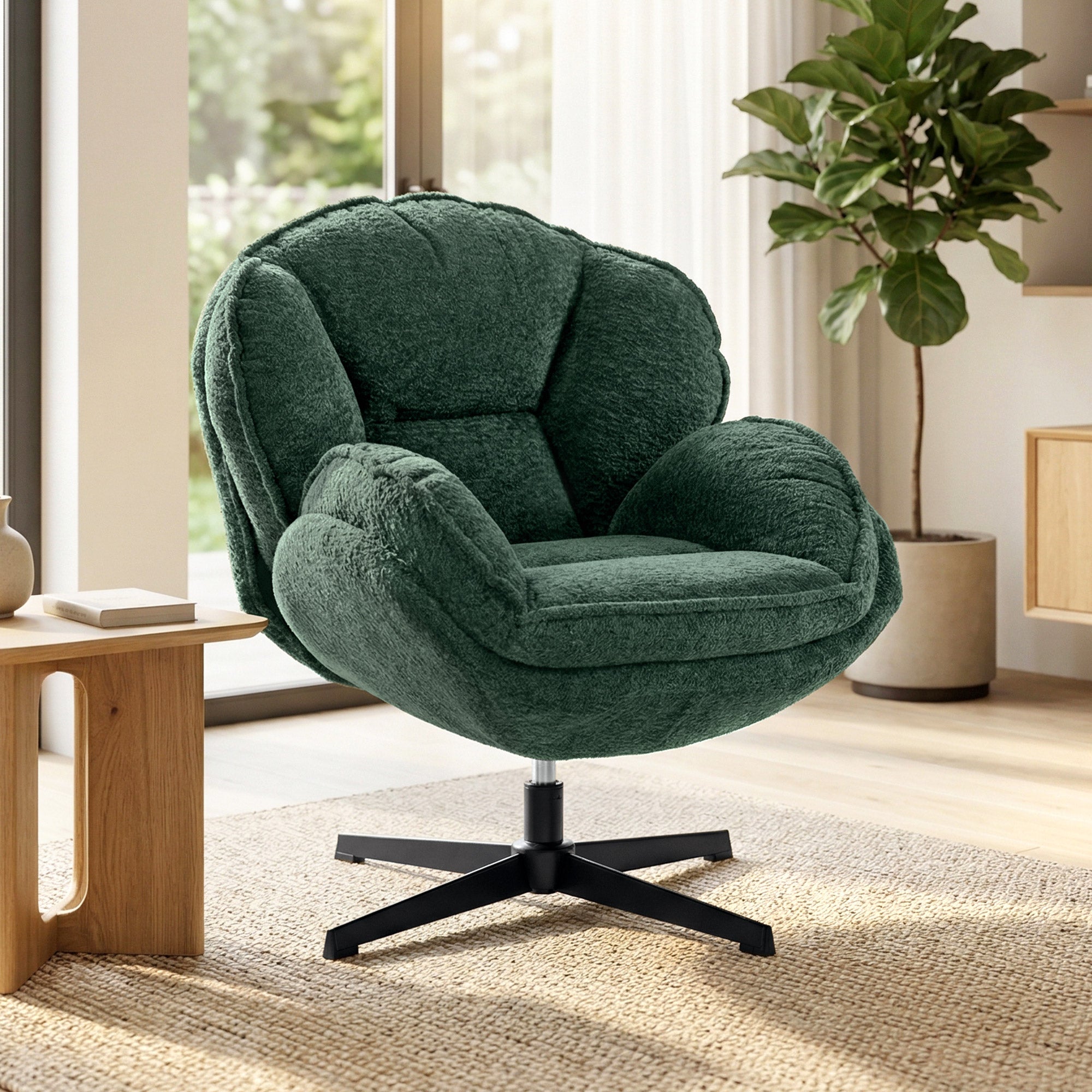 HOMCOM Modern Wingback Accent Chair, Velvet Armchair with Four-Star Base, S-Springs, Swivel, Dark Green 