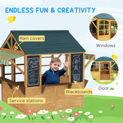 AIYAPLAY Wooden Playhouse for Kids, Foldable Wendy House with Windows, Working Door, Service Stations, Rain Covers, Brown 