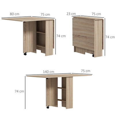 HOMCOM Folding Dining Table, Drop Leaf Table for Small Spaces with 2-tier Shelves, Small Kitchen Table with Rolling Casters, Natural 