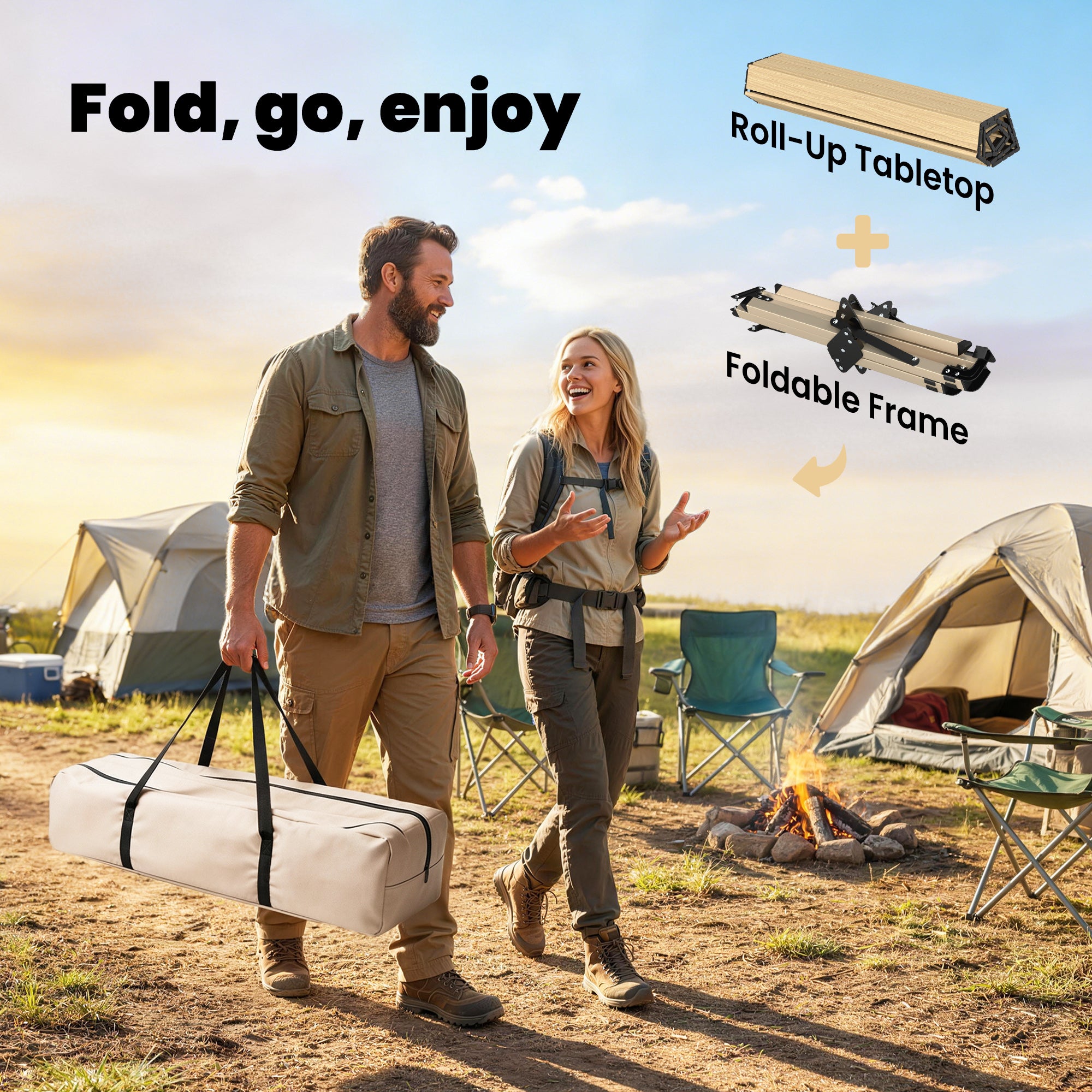 Outsunny 4ft Folding Camping Table, Waterproof Picnic Table with Roll Up Top and Metal Frame, Dark Brown 