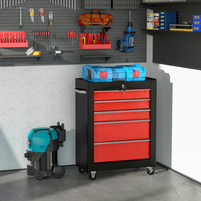 HOMCOM 5-Drawer Tool Chest, Lockable Steel Tool Storage Cabinet with Wheels and Handle Tool Box for Garage, Workshop, Red 