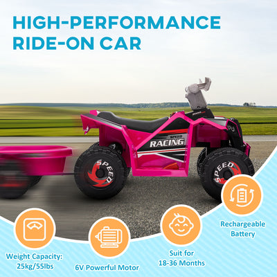 HOMCOM 6V Quad Bike with Back Trailer, Wear-Resistant Wheels, for Ages 18-36 Months, Pink 