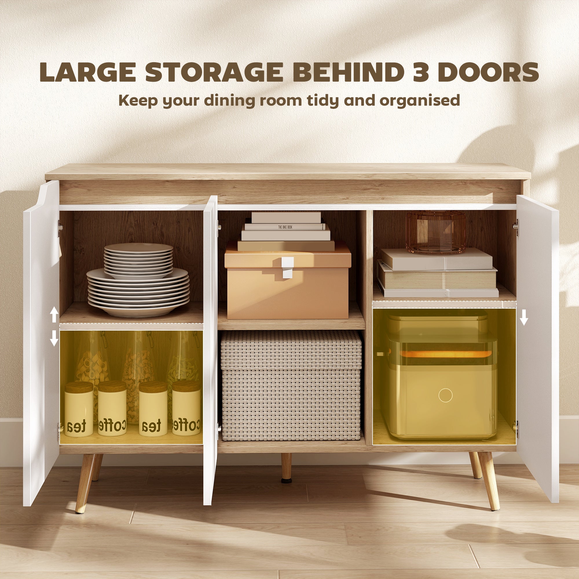 HOMCOM Sideboard Storage Cabinet, Kitchen Cupboard with 3 Doors, 2 Adjustable Shelves and 5 Rubberwood Legs, White and Oak