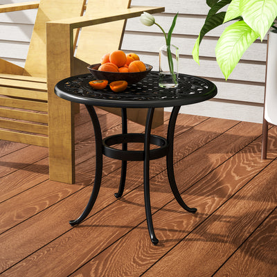 Outsunny 60cm Round Garden Table, Outdoor Hollow Top Design Side Table with Cast Aluminium Frame for Patio, Garden, Balcony, Black 