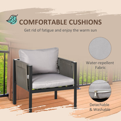 Outsunny 4 Piece Metal Garden Furniture Set with Tempered Glass Coffee Table, Texteline Pocket, Outdoor Patio Set Loveseat Single Armchairs with Padded Cushions, Light Grey 