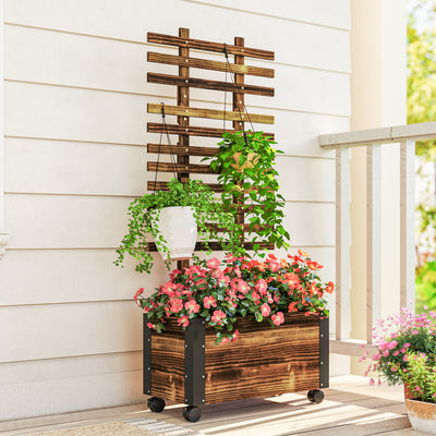 Outsunny Raised Garden Bed with Trellis, Outdoor Wooden Planter Box with Metal Corners and Wheels, Raised Bed for Garden 