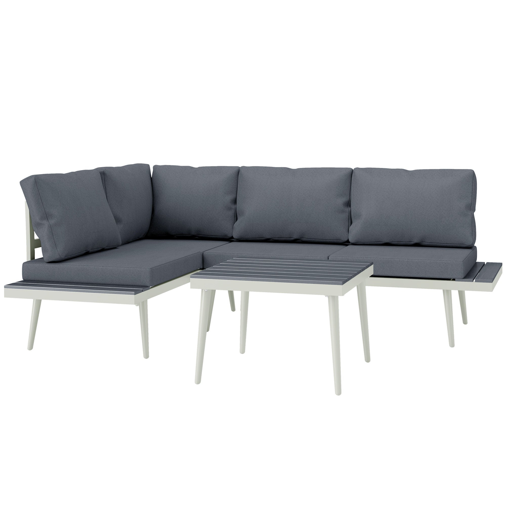 Outsunny 3 Piece Garden Furniture Set with 5-Level Adjustable Lounger, L Shaped Garden Corner Sofa with Cushions, Mesh Seat, Slatted Wood-Grain Table, Outdoor Furniture Set for Conservatory, Grey 